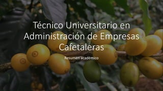 Técnico Universitario en
Administración de Empresas
Cafetaleras
Resumen académico
 