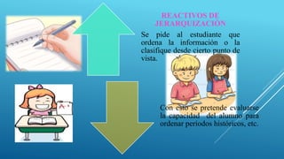 REACTIVOS DE
JERARQUIZACIÒN
Se pide al estudiante que
ordena la información o la
clasifique desde cierto punto de
vista.
Con esto se pretende evaluarse
la capacidad del alumno para
ordenar períodos históricos, etc.
 