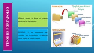 TIPOSDEPORTAFOLIO
FÌSICO: Donde se lleva un proceso
escrito de los documentos
DIGITAL: Es un instrumento que
combina las herramientas tecnologías
con el objeto de reunir trabajos.
 