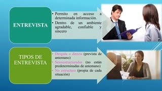• Permito en acceso a
determinada información.
• Dentro de un ambiente
agradable, confiable y
sincero
ENTREVISTA
• Dirigida o directa (prevista de
antemano)
• Semiestructuradas (no están
predeterminadas de antemano)
• No estructura (propia de cada
situación)
TIPOS DE
ENTREVISTA
 