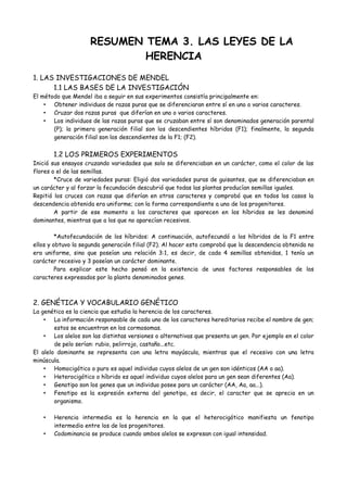 RESUMEN TEMA 3. LAS LEYES DE LA
HERENCIA
1. LAS INVESTIGACIONES DE MENDEL
1.1 LAS BASES DE LA INVESTIGACIÓN
El método que ...