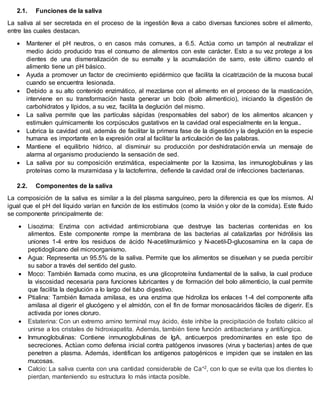 2.1. Funciones de la saliva
La saliva al ser secretada en el proceso de la ingestión lleva a cabo diversas funciones sobre el alimento,
entre las cuales destacan.
 Mantener el pH neutros, o en casos más comunes, a 6.5. Actúa como un tampón al neutralizar el
medio ácido producido tras el consumo de alimentos con este carácter. Esto a su vez protege a los
dientes de una dismeralización de su esmalte y la acumulación de sarro, este último cuando el
alimento tiene un pH básico.
 Ayuda a promover un factor de crecimiento epidérmico que facilita la cicatrización de la mucosa bucal
cuando se encuentra lesionada.
 Debido a su alto contenido enzimático, al mezclarse con el alimento en el proceso de la masticación,
interviene en su transformación hasta generar un bolo (bolo alimenticio), iniciando la digestión de
carbohidratos y lípidos, a su vez, facilita la deglución del mismo.
 La saliva permite que las partículas sápidas (responsables del sabor) de los alimentos alcancen y
estimulen químicamente los corpúsculos gustativos en la cavidad oral especialmente en la lengua..
 Lubrica la cavidad oral, además de facilitar la primera fase de la digestión y la deglución en la especie
humana es importante en la expresión oral al facilitar la articulación de las palabras.
 Mantiene el equilibrio hídrico, al disminuir su producción por deshidratación envía un mensaje de
alarma al organismo produciendo la sensación de sed.
 La saliva por su composición enzimática, especialmente por la lizosima, las inmunoglobulinas y las
proteínas como la muramidasa y la lactoferrina, defiende la cavidad oral de infecciones bacterianas.
2.2. Componentes de la saliva
La composición de la saliva es similar a la del plasma sanguíneo, pero la diferencia es que los mismos. Al
igual que el pH del líquido varían en función de los estímulos (como la visión y olor de la comida). Este fluido
se componente principalmente de:
 Lisozima: Enzima con actividad antimicrobiana que destruye las bacterias contenidas en los
alimentos. Este componente rompe la membrana de las bacterias al catalizarlas por hidrólisis las
uniones 1-4 entre los residuos de ácido N-acetilmurámico y N-acetil-D-glucosamina en la capa de
peptidoglicano del microorganismo.
 Agua: Representa un 95.5% de la saliva. Permite que los alimentos se disuelvan y se pueda percibir
su sabor a través del sentido del gusto.
 Moco: También llamada como mucina, es una glicoproteína fundamental de la saliva, la cual produce
la viscosidad necesaria para funciones lubricantes y de formación del bolo alimenticio, la cual permite
que facilita la deglución a lo largo del tubo digestivo.
 Ptialina: También llamada amilasa, es una enzima que hidroliza los enlaces 1-4 del componente alfa
amilasa al digerir el glucógeno y el almidón, con el fin de formar monosacáridos fáciles de digerir. Es
activada por iones cloruro.
 Estaterina: Con un extremo amino terminal muy ácido, éste inhibe la precipitación de fosfato cálcico al
unirse a los cristales de hidroxiapatita. Además, también tiene función antibacteriana y antifúngica.
 Inmunoglobulinas: Contiene inmunoglobulinas de IgA, anticuerpos predominantes en este tipo de
secreciones. Actúan como defensa inicial contra patógenos invasores (virus y bacterias) antes de que
penetren a plasma. Además, identifican los antígenos patogénicos e impiden que se instalen en las
mucosas.
 Calcio: La saliva cuenta con una cantidad considerable de Ca+2, con lo que se evita que los dientes lo
pierdan, manteniendo su estructura lo más intacta posible.
 