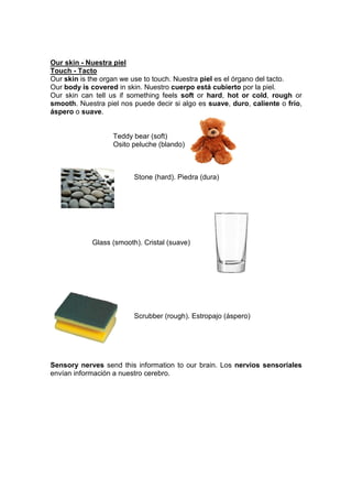 Our skin - Nuestra piel
Touch - Tacto
Our skin is the organ we use to touch. Nuestra piel es el órgano del tacto.
Our body is covered in skin. Nuestro cuerpo está cubierto por la piel.
Our skin can tell us if something feels soft or hard, hot or cold, rough or
smooth. Nuestra piel nos puede decir si algo es suave, duro, caliente o frío,
áspero o suave.
Teddy bear (soft)
Osito peluche (blando)
Stone (hard). Piedra (dura)
Glass (smooth). Cristal (suave)
Scrubber (rough). Estropajo (áspero)
Sensory nerves send this information to our brain. Los nervios sensoriales
envían información a nuestro cerebro.
 