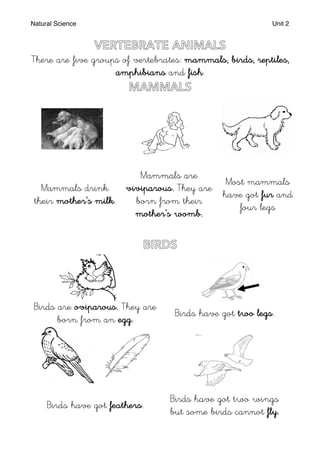 Natural Science Unit 2
There are five groups of vertebrates: mammals, birds, reptiles,
amphibians and fish.
Mammals drink
their mother’s milk.
Mammals are
viviparous. They are
born from their
mother’s womb.
Most mammals
have got fur and
four legs
Birds are oviparous. They are
born from an egg.
Birds have got two legs.
Birds have got feathers.
Birds have got two wings
but some birds cannot fly.
 
