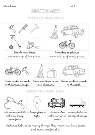 Natural Science Unit 5
MACHINES
TYPES OF MACHINES
MACHINES AND JOBS
Machines help us do many things. They make our lives easier
and more comfortable.
Simple machines
are made up of few pieces.
Complex machines
are made up of many pieces.
! ! !
! !
!
Some machines work
with human energy.
Some machines work
with electricity.
Some machines work
with petrol.
a hammer or drill
helps us apply
more force
a lamp gives us
light
a train or bus
helps us travel
faster
a lorry helps us
transport things
 