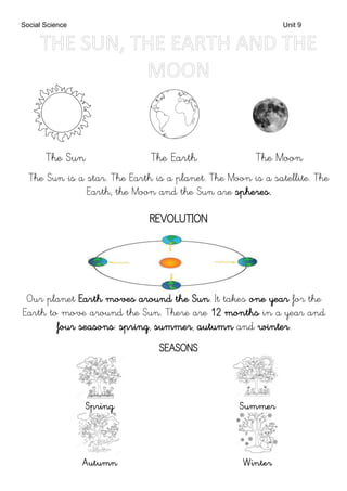 Social Science Unit 9
The Sun The Earth The Moon
The Sun is a star. The Earth is a planet. The Moon is a satellite. The
Earth, the Moon and the Sun are spheres.
REVOLUTION
Our planet Earth moves around the Sun. It takes one year for the
Earth to move around the Sun. There are 12 months in a year and
four seasons: spring, summer, autumn and winter.
SEASONS
Spring Summer
Autumn Winter
 
