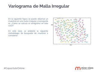 #CapacítateOnline
En la siguiente figura se puede observar un
muestreo en una malla irregular y la pregunta
es ¿Cómo se calcula el variograma en este
caso?.
En este caso, se propone la siguiente
metodología de búsqueda de muestras a
considerar:
Variograma de Malla Irregular
 
