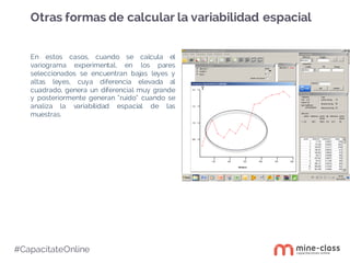 #CapacítateOnline
En estos casos, cuando se calcula el
variograma experimental, en los pares
seleccionados se encuentran bajas leyes y
altas leyes, cuya diferencia elevada al
cuadrado, genera un diferencial muy grande
y posteriormente generan “ruido” cuando se
analiza la variabilidad espacial de las
muestras.
Otras formas de calcular la variabilidad espacial
 