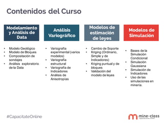 Contenidos del Curso
#CapacítateOnline
Modelamiento
y Análisis de
Data
Análisis
Variográfico
Modelos de
Simulación
Modelos de
estimación
de leyes
• Modelo'Geológico
• Modelo'de'Bloques
• Compositación'de'
sondajes
• Análisis' exploratorio'
de'la'Data
• Variografía'
experimental'(varios'
modelos)
• Variografía'
estructural
• Variografía'de'
Indicadores
• Análisis'de'
Anisotropías
• Cambio'de'Soporte
• Kriging (Ordinario,'
Simple'y'de'
Indicadores)
• Kriging puntual'y'de'
bloques
• Validación'del'
modelo'de'leyes
• Bases'de'la'
Simulación'
Condicional
• Simulación'
Gaussiana
• Simulación'de'
Indicadores
• Uso'de'las'
simulaciones'en'
minería.
 