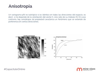 #CapacítateOnline
Anisotropía
Un variograma γ(h) es isotrópico si es idéntico en todas las direcciones del espacio, es
decir, si no depende de la orientación del vector h, sino sólo de su módulo (h). En caso
contrario, hay anisotropía; tal propiedad caracteriza un fenómeno que se extiende de
preferencia en ciertas direcciones.
 