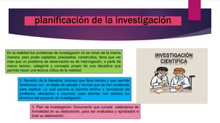 2. Revisión de la literatura: proceso que lleva tiempo y que permite
familiarizar con el objeto de estudio y teorías que se han construido
para explicar. Lo cual permite el dominio teórico y conceptual del
problema, elementos e insumos, para abordar con certeza los
términos del proyecto de investigación
3. Plan de investigación: Documento que cumple estándares de
formalidad en su elaboración, para ser evaluados y aprobados e
Icíar su elaboración.
En la realidad los problemas de investigación no se miran de la misma
manera, pero poder captarlos, precisarlos, construirlos, tiene que ver
mas que un problema de observación es de interrogación, a parte de
marco teórico, categoría y concepto propio de una disciplina que
permite hacer una lectura critica de la realidad
planificación de la investigación
 