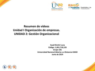 Resumen de videos
Unidad I Organización de empresas.
UNIDAD 2: Gestión Organizacional
Soad Dimitri Luna
Código: 1,061,718,126
Grupo 181
Universidad Nacional Abierta y a Distancia UNAD
Junio de 2014
 