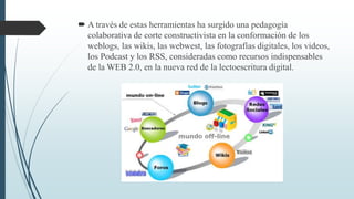  A través de estas herramientas ha surgido una pedagogía
colaborativa de corte constructivista en la conformación de los
weblogs, las wikis, las webwest, las fotografías digitales, los videos,
los Podcast y los RSS, consideradas como recursos indispensables
de la WEB 2.0, en la nueva red de la lectoescritura digital.
 