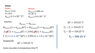 DATOS:
Acero:
Dacero= 3 cm
Ti= 25°C
αacero=1.1 x 10-5 °C-1
Bronce
Dbronce= 2.992 cm
Ti= 25 °C
αbronce=1.9 x 10-5 °C-1
Usamos:
𝐷𝑎𝑐𝑒𝑟𝑜 = 𝐷𝑏𝑟𝑜𝑛𝑐𝑒
𝐷𝑖𝑎𝑐𝑒𝑟𝑜 1 + 𝛼𝑎𝑐𝑒𝑟𝑜∆𝑇 = 𝐷𝑖𝑏𝑟𝑜𝑛𝑐𝑒 1 + 𝛼𝑏𝑟𝑜𝑛𝑐𝑒∆𝑇
3 cm 1 + 𝛼𝑎𝑐𝑒𝑟𝑜∆𝑇 = 2.992 𝑐𝑚 1 + 𝛼𝑏𝑟𝑜𝑛𝑐𝑒∆𝑇
3 1 + 1.1 𝑥 10−5∆𝑇 = 2.992 1 + 1.9 𝑥 10−5∆𝑇
Despejando:
∆𝑇 = 334.25 °𝐶
Como nos piden la temperatura final Tf
∆𝑇 = 334.25 °𝐶
𝑇𝑓 − 𝑇𝑖 = 334.25 °𝐶
𝑇𝑓 − 25 = 334.25 °𝐶
𝑻𝒇 = 𝟑𝟓𝟗. 𝟐𝟓 °𝑪
 