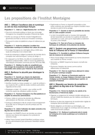 INSTITUT MONTAIGNE
Institut Montaigne : 59, rue La Boétie - 75008 Paris
Tél. +33 (0)1 53 89 05 60 - Fax +33 (0)1 53 89 05 61 - www.institutmontaigne.org - www.desideespourdemain.fr
AXE 1 : Diffuser l’excellence data et numérique
au sein du tissu économique français
Proposition n° 1 : Créer un « Digital Business Act » en France
• Faire de la commande publique un levier pour encourager
l’émergence d’un écosystème favorable à l’Internet des objets.
• Confier aux services du Premier ministre l’intégralité de la
gouvernance de l’État au service de l’innovation numérique.
• Promouvoir la notion de plateforme unique et multiservices par
filières.
Proposition n° 2 : Inciter les entreprises à accélérer leur
transformation numérique et à renforcer leur culture de la donnée
• Encourager l’émergence de chief digital officers (CDO) dans
toutes les entreprises d’une certaine taille.
• Inciter les entreprises à intégrer la protection des données dès la
conception des outils techniques (« privacy by design »).
• En s’appuyant sur les filières, les pôles de compétitivité et les
fédérations professionnelles, mettre en œuvre des plateformes
informatiques d’innovation communes pour les TPE et les PME.
Proposition n° 3 : Mobiliser les pôles de compétitivité pour
faire émerger des écosystèmes et des projets de plateformes
industrielles entre secteurs pour l’Internet du Tout connecté.
AXE 2. Renforcer la sécurité pour développer la
confiance
Proposition n° 4 : Garantir aux citoyens des Application
Programming Interfaces (API) techniquement sécurisées et
portées par un droit stable et partagé
• Identifier et porter au niveau européen un « socle de confiance »
pour toutes les API, au-delà des seules conditions particulières
négociées de tiers à tiers.
• Développer un label « EU connect » pour certifier ces API
conformes auprès des utilisateurs publics et privés.
Proposition n° 5 : Favoriser l’émergence d’un État plateforme et
simplifier les démarches administratives
• À terme, mettre en commun les données des différentes
administrations de l’État dans une base unifiée.
• Continuer à développer le rôle de conseil et d’accompagnement
de la CNIL tout en renforçant la sécurité juridique pour les
entreprises.
Proposition n° 6 : Libérer l’utilisation des objets connectés et du
Big data dans le secteur de la santé
• Demander à la CNAMTS d’ouvrir ses données aux acteurs
externes sous réserve de la signature d’un protocole de
recherche simple.
• Utiliser France Connect (projet d’identifiant numérique unique
pour les administrations) pour promouvoir l’identifiant national
de santé.
• Expérimenter en France un dispositif comparable au blue
button américain pour permettre aux citoyens d’accéder à leurs
données de santé et de les partager.
Proposition n° 7 : Garantir un droit à la portabilité des données
dans un cadre européen concerté
• Le droit à la portabilité serait un nouveau droit opposable
de faire transmettre ses données d’un système de traitement
automatisé à un autre, sans que le responsable du traitement
ne puisse y faire obstacle.
Proposition n° 8 : Faire de la France un champion des
techniques de certification et de protection des données
AXE 3. Soutenir une gouvernance numérique
forte et l’influence de la France à l’international
Proposition n° 9 : Consolider la politique d’influence française
dans les instances de normalisation
• Placer l’actuel délégué interministériel aux normes directement
sous l’autorité du Premier ministre.
• Demander au SGMAP d’exprimer les besoins normatifs des
entreprises.
• Promouvoir l’adoption des normes comme outil de
différenciation et d’attractivité.
Proposition n° 10 : Faire du couple franco-allemand le moteur
du soft power numérique européen
Proposition n° 11 : Nommer un Commissaire auprès du
Premier ministre, en charge d’élaborer et de tenir à jour un plan
stratégique sur les fréquences radioélectriques (spectre), en
associant le Parlement
AXE 4. Répondre aux besoins de compétences
des métiers du Big data et de l’Internet des
Objets
Proposition n°12 : Former les étudiants, les salariés et les
fonctionnaires à l’Internet des objets
• Organiser un programme de mentorat à échelle nationale pour
stimuler l’intérêt des étudiants pour les matières scientifiques et
techniques.
• Renforcer la place des programmes de transformation digitale de
l’entreprise dans la formation continue.
• Rendre obligatoire une formation aux technologies, aux
infrastructures et aux usages du numérique dans les écoles des
cadres de la fonction publique.
Proposition n° 13 : Renforcer le partenariat entre le monde
de l’entreprise et le monde académique sur la recherche et
l’innovation
Les propositions de l’Institut Montaigne
 
