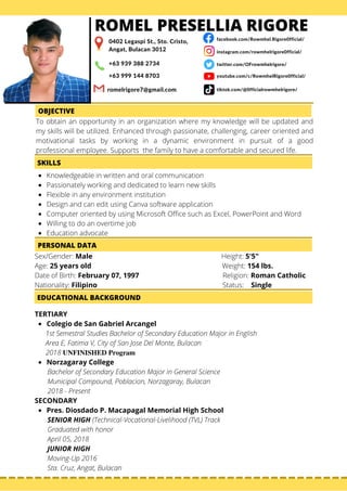 Knowledgeable in written and oral communication
Passionately working and dedicated to learn new skills
Flexible in any environment institution
Design and can edit using Canva software application
Computer oriented by using Microsoft Office such as Excel, PowerPoint and Word
Willing to do an overtime job
Education advocate
Sex/Gender: Male Height: 5'5"
Age: 25 years old Weight: 154 lbs.
Date of Birth: February 07, 1997 Religion: Roman Catholic
Nationality: Filipino Status: Single
Colegio de San Gabriel Arcangel
Norzagaray College
Pres. Diosdado P. Macapagal Memorial High School
TERTIARY
1st Semestral Studies Bachelor of Secondary Education Major in English
Area E, Fatima V, City of San Jose Del Monte, Bulacan
2018 𝐔𝐍𝐅𝐈𝐍𝐈𝐒𝐇𝐄𝐃 𝐏𝐫𝐨𝐠𝐫𝐚𝐦
Bachelor of Secondary Education Major in General Science
Municipal Compound, Poblacion, Norzagaray, Bulacan
2018 - Present
SECONDARY
SENIOR HIGH (Technical-Vocational-Livelihood (TVL) Track
Graduated with honor
April 05, 2018
JUNIOR HIGH
Moving-Up 2016
Sta. Cruz, Angat, Bulacan
0402 Legaspi St., Sto. Cristo,
Angat, Bulacan 3012
+63 939 388 2734
+63 999 144 8703
romelrigore7@gmail.com
facebook.com/Rowmhel.Rigore0fficial/
OBJECTIVE
To obtain an opportunity in an organization where my knowledge will be updated and
my skills will be utilized. Enhanced through passionate, challenging, career oriented and
motivational tasks by working in a dynamic environment in pursuit of a good
professional employee. Supports the family to have a comfortable and secured life.
SKILLS
instagram.com/rowmhelrigore0fficial/
twitter.com/OFrowmhelrigore/
tiktok.com/@0fficialrowmhelrigore/
youtube.com/c/RowmhelRigore0fficial/
PERSONAL DATA
ROMEL PRESELLIA RIGORE
EDUCATIONAL BACKGROUND
 