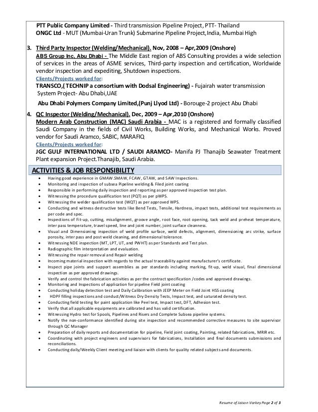 welding inspector resume