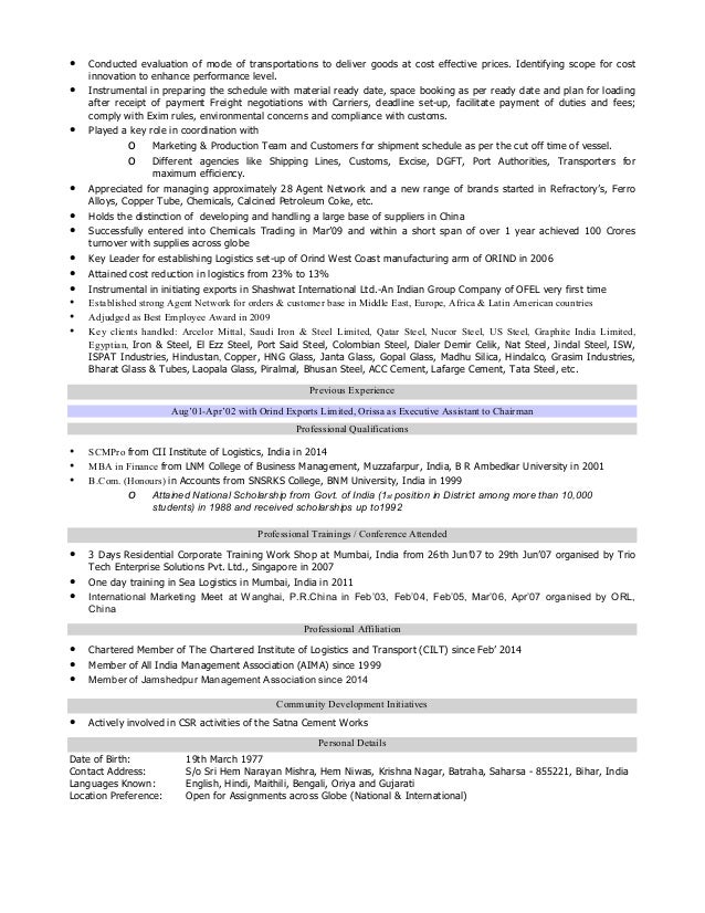 resume of logistics supply chain professional with 14 years of enri