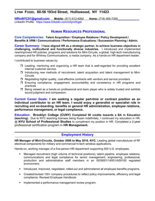 Resume of lynn fogel human resources professional seeking part-time employment - august 2016