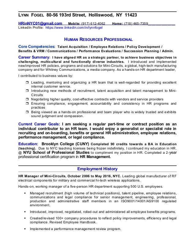 resume of lynn fogel human resources professional seeking part time