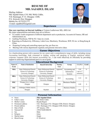 RESUME OF
MD. SAJADUL ISLAM
Mailing Address:
Md. Sajadul Islam, C/O: Md. Mofiz Uddin,
Vill: Ramnagar, P. O.: Dinajpur -5200,
P.S.: Kotwali, Dist: Dinajpur.
Mobile No: 01722251777,
E-mail: sajadhstu92@gmail.com
Experience
One year experience on Internal Auditing at Ventura Leatherware Mfy. (BD) Ltd.
My major responsibilities and duties here are as follows:
 To conduct Audit assignment of different department such as production, Accounts & Finance, HR and
Administration etc.
 Auditing Warehouse, WIP & FG 3 days in a week.
 Reporting on Productivity, Efficiency, Labor Loss, Machinery, Warehouse, WIP, FG etc. to Hong Kong &
China.
 Preparing Costing and controlling report per line, per floor etc.
 Meeting with various departments regularly and generate innovative ideas.
Career Objectives
As a hardworking person with a passion for my career and a comprehensive range of skills, including strong
Accounting knowledge, high command in reading, writing and speaking in English, analytical ability,
corporate computer skills and internet accessibility etc., I can work effectively & efficiently by providing
support to achieving Organizational goal or a set of goals.
Educational Background
Name of
Exam
Name of Institution Board/University Passing
Year
Group C.G.P.A Grade
MBA Hajee Mohammad Danesh
Science & Technology
University, Dinajpur
Hajee Mohammad Danesh
Science & Technology
University, Dinajpur
Appeared Accounting and
Information
Systems
3.68
( up to 1st
semester)
A-
BBA Hajee Mohammad Danesh
Science & Technology
University, Dinajpur
Hajee Mohammad Danesh
Science & Technology
University, Dinajpur
2013 Accounting 3.33 B+
HSC Dinajpur Govt. College,
Dinajpur Dinajpur 2009
Business Studies
4.40 A
SSC Chehelgazi Shikha niketon,
Dinajpur Rajshahi 2007
Business Studies
4.81 A
Personal Information
 Name : Md. Sajadul Islam
 Father’s name : Md. Mofiz Uddin
 Mother’s name : Rasada Begum
 Permanent address : Vill.- Ramnagar, P.O.: Dinajpur-5200, District: Dinajpur.
 Present address : Vill.- Ramnagar, P.O.: Dinajpur-5200, District: Dinajpur.
 Date of birth : 30th
January, 1992
 National ID : 19922726401000250
 Sex : Male
 Religion : Islam
 Marital status : Single
 Blood Group : O+
(Positive)
 