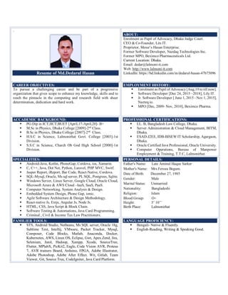 .
Resume of Md.Dedarul Hasan
ABOUT:
Enrolment as Pupil of Advocacy, Dhaka Judge Court.
CEO & Co-Founder, Lits IT.
Proprietor, Messr’s Hasan Enterprise.
Former Software Developer, Nazdaq Technologies Inc.
Former MPO, Beximco Pharmaceuticals Ltd.
Current Location: Dhaka.
Email: dedar@lalmoni-it.com
Web: http://www.lalmoni-it.com
LinkedIn: https://bd.linkedin.com/in/dedarul-hasan-47b75096
CAREER OBJECTIVES:
To pursue a challenging career and be part of a progressive
organization that gives scope to enhance my knowledge, skills and to
reach the pinnacle in the computing and research field with sheer
determination, dedication and hard work.
EMPLOYMENT HISTORY:
Enrolment as Pupil of Advocacy [Aug,19 to till now].
Software Developer [Dec 24, 2015 –2018], Lily IT.
Jr. Software Developer [ June 1, 2015 - Nov 1, 2015],
Nazteq.io.
MPO [Dec, 2009- Nov, 2010], Beximco Pharma.
ACCADEMIC BACKGROUND:
PG.Dip in ICT,IICT,BUET [April,17-April,20]- B+
M.Sc in Physics, Dhaka College [2009]-2nd
Class.
B.Sc in Physics, Dhaka College [2007]-2nd
Class.
H.S.C in Science, Lalmonirhat Govt. College [2003]-1st
Division.
S.S.C in Science, Charch Ob God High School [2000]-1st
Division.
PROFESSIONAL CERTIFICATIONS:
LL. B, Bangladesh Law College, Dhaka.
Server Administration & Cloud Management, BITM,
Dhaka.
ESAD-J2EE, IDB-BISEW IT Scholarship, Agargaon,
Dhaka.
Oracle Certified Java Professional, Oracle University.
Computer Operations, Bureau of Manpower
Employment & Training, T.T.C, Lalmonirhat.
SPECIALITIES:
Android-Java, Kotlin, PhoneGap, Cordova, ios, Xamarin.
C, C++, Java, Dot Net, Python, Laravel, PHP MVC, Switf.
Jasper Report, iReport, Bar Code, React-Native, Cordova.
SQL-Mysql, Oracle, Ms sql server, PL SQL, Postgrees, Sqlite.
Windows Server, Linux Server, Google Cloud, Oracle Cloud,
Microsoft Azure & AWS Cloud –IaaS, SaaS, PaaS.
Computer Networking. System Analysis & Design.
Embedded System Design, Phone Gap, ionic.
Agile Software Architecture & Design Methodology.
React-native Js, Extjs, Angular Js, Node Js.
HTML, CSS, Java Script & Block Chain.
Software Testing & Automations, Java Card Programming.
Criminal , Civil & Income Tax Law Practitioners.
PERSONAL DETAILS:
Father's Name: Late Aminul Haque Sarker
Mother's Name: Mrs.Feroza Begum.
Date of Birth: December 27, 1985
Gender: Male
Marital Status: Unmarried
Nationality: Bangladeshi
Religion: Islam
Blood Group: O+
Height: 5’ 10’’
Birth Place: Lalmonirhat
FAMILIER TOOLS:
STS, Android Studio, Netbeans, Ms SQL server, Oracle 18g,
Sublime Text, Intellij, VMware, Packet Tracker, Mysql,
Composer, Code Blocks, Matlab, Anaconda, Docker,
Kubernetes, AWS, Linux OS, Eclipse, Gwt, Apex.Zend, Jira,
Selenium, Junit, Hadoop, Xampp, Xcode, SourceTree,
Flutter, MPlabX, PicKit2, Eagle, Code Vision AVR, Proteus
7, AVR trainers Board, Arduino, FPGA, Adobe Illastrator,
Adobe Photoshop, Adobe After Effect. Wit, Gitlab, Team
Viewer, Git, Source Tree, CodeIgniter, Java Card Platform.
LANGUAGE PROFICIENCY:
Bengali- Native & Fluently.
English-Reading, Writing & Speaking Good.
 