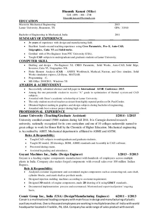 Mechanical engineering summary resume