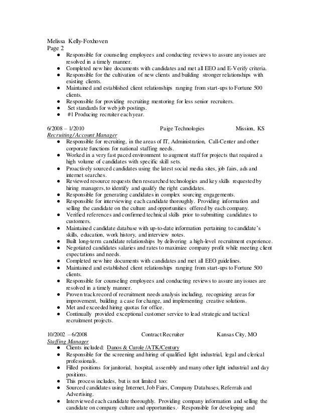 resume of melissa kelly foxhoven corporate recruiter corporate recruiter resume
