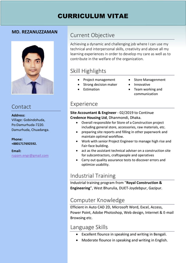 resume format for fresher civil engineer