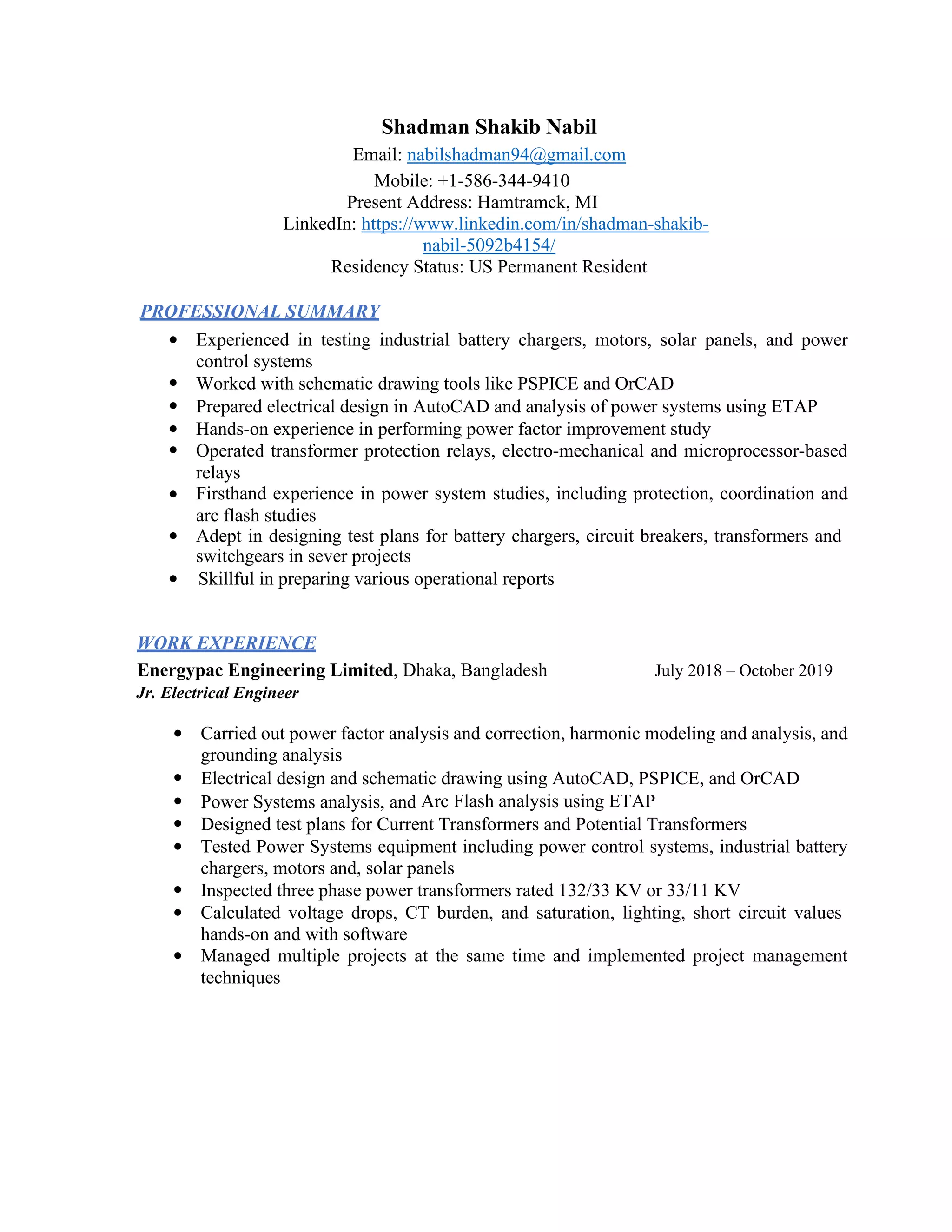 Resume of Shadman Shakib Nabil PDF