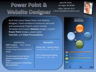 As A Free Lance Power Point, and Website
   designer, I have worked on numerous personal
   and commercial Projects which include
   Template and Custom Website designs, custom                                   PowerPoint



   Power Point designs, power point
   Tutorials, and Video Presentations.                                MS Word
                                                                                                Adobe
                                                                                              Photoshop




         Experience                          Education                             Adobe
KME Creations     2011- Present                                                 Dreamweaver


Designer/Owner                     Denver Tech Systems Admin
Creative Power Point and Website   Colorado Springs, CO 1993 – 1996
design.

15 years experience at various     E.D.I Architectural Drafting
                                   Las Vegas, NV   1992 - 1993
places of employment using
Power
Point, Dreamweaver, Photoshop,
Microsoft Word
                                                                      0              50               100
 