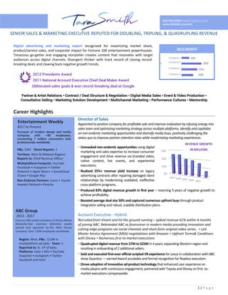 1 | P a g e
SENIOR SALES & MARKETING EXECUTIVE REPUTED FOR DOUBLING, TRIPLING, & QUADRUPLING REVENUE
Digital advertising and marketing expert recognized for maximizing market share,
product/service sales, and corporate impact for Fortune 100 entertainment powerhouses.
Tenacious go-getter and engaging storyteller creates content that resonates with target
audiences across digital channels. Divergent thinker with track record of closing record-
breaking deals and clawing back negative growth trends.
2012 Presidents Award
2011 National Account Executive Chief Deal Maker Award
Obliterated sales goals & won record-breaking deal at Google.
Partner & Artist Relations • Contract / Deal Structure & Negotiation • Digital Media Sales • Event & Video Production •
Consultative Selling • Marketing Solution Development • Multichannel Marketing • Performance Cultures • Mentorship
Career Highlights
Director of Sales
Appointed to position company for profitable sale and improve evaluation by infusing energy into
sales team and optimizing marketing strategy across multiple platforms. Identify and capitalize
on non-endemic marketing opportunities and diversify media buys, positively challenging the
status quo to improve partner retention rates while modernizing marketing experiences.
§ Unmasked non-endemic opportunities using digital
marketing and sales expertise to increase consumer
engagement and drive revenue via branded video,
native content, live events, and experiential
executions.
§ Realized 25%+ revenue yield increase on legacy
advertising contracts after repairing damaged client
relationships by modernizing outdated, ineffective
cross-platform programs.
§ Produced 83% digital revenue growth in first year – reversing 5-years of negative growth to
achieve profitability.
§ Boosted average deal size 50% and captured numerous upfront buys through product
integration selling and robust, scalable distribution plans.
Account Executive - Hybrid
Recruited from Vivant and hit the ground running – spiked revenue 61% within 4 months
of joining ABC. Rebranded ABC as forerunner in modern media providing innovation and
cutting-edge programs via social channels and short-form original video series. • Led
Master Service Agreement (MSA) negotiations with Amazon • Upfront Terms& Conditions
with Disney • Numerous first-to-market executions
§ Quadrupled digital revenue from $7M to $25M in 4 years, expanding Western region and
resulting in onboarding of 2 additional sellers.
§ Sold and executed first-ever official scripted VR experience for Lexus in collaboration with ABC
show Quantico — earned Award accolades and formal recognition for flawless execution.
§ Drove adoption of innovative ad-product technology that enhanced user experience on
media players with continuous engagement; partnered with Toyota and Disney on first- to-
market executions companywide.
Entertainment Weekly
2017 to Present
Purveyor of modern design and media
company with ~80 employees,
connecting 7 million consumers with
professionals worldwide.
P&L: $3M Direct Reports: 2
Territory: West & Midwest Regions
Reports to: Chief Revenue Officer
Multiplatform Footprint: YouTube
Facebook • Instagram • Twitter
Pinterest • Apple News+ • Soundcloud
iTunes • Google Play
Non-Endemic Partners: Lexus • Toyota
Hewlett Packard • Porsche
ABC Group
2013 - 2017
Fortune 100 ranked subsidiary of Disney Media
Networks that oversees television assets
owned and operated by The Walt Disney
Company. Over 7,000 employees worldwide.
Region: West; P&L: $12M in
multiplatform ad sales Team: 3
Reported to: Sr. VP of Sales
Platforms: Hulu • AOL • YouTube
Snapchat • Instagram • Twitter
Facebook and more
• •
L
e
d
a
n
d
p
a
r
t
i
c
i
p
a
t
e
d
i
n
o
v
e
r
#
c
l
i
e
n
t
I
P
O
r
e
a
d
i
n
e
s
s
a
s
s
e
s
s
m
e
n
t
s
555.555.0555 | tarab @yahoo.com
www.linkedin.com/in/
$0
$10
$20
$30
2017 2016 2015 2014 2013
REVENUE GROWTH
IN MILLIONS
Company 1
Company 2
Company 3
Company 4
 