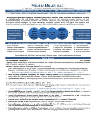 MELISSA MILLER, B.SC.
City, State 00000 | 555.555.5555 | email@gmail.com | https://www.linkedin.com/in/
VP / DIRECTOR, SALES/SERVICE STRATEGY ►$100M to $1B+ Banking/Finance / Call Center Ops
Teams to 600+ | $30M P&L | Regional & National Oversight | 1000+ Call Center Seats Across 8 Banking Departments
Transformational Leader with 20+ years of verifiable success—driving significant growth, profitability, and operational efficiency
for multibillion-dollar retail and finance service industries. Incorporate team leadership, strategic planning, and staff
development/coaching to accelerate operations and customer satisfaction, while stewarding team direction and financial
performance. Navigate fast-paced call center management, operations, customer service, and special pilot programs, while
streamlining processes, controlling cost parameters, and influencing decisions by leveraging timing, staffing, and procedures.
EXECUTIVE STRENGTHS IN STRATEGIC PLANNING, PROBLEM SOLVING, BRANCH LEADERSHIP, AND STAFF DEVELOPMENT
• Team Leadership
• Finance/Cash Management
• Sales/Marketing Growth
• Strategic Communications
• Banking & Finance Ops | Lending
• Program/Project Management
• Process Improvements | Six Sigma
• Business Growth/Innovation
• Tactical Remediation Plans
• Analytics/Risk Management
• Call Center Sales/Solutions
• Regulatory Compliance
• Talent Development
• Customer Satisfaction
• Relationship Building
• Financial Performance
Technical Expertise: MS Office | Predictive Dialer/Telephone System | Workforce Management/Scheduling
CAREER SUCCESS
SANTANDER BANK, Providence, RI 2012 to Present
$3B+ bank offering a wide range of financial products/services with $54B+ in deposits and operating about 650 retail banking offices and
2000+ ATMs, while employing 9.8K employees.
SENIOR VICE PRESIDENT / DIRECTOR, OPERATIONAL SUPPORT [2016 – President]
Real-Time Administration for All Call Centers –1000+ Seats/8 Departments | Capacity Planning | Staffing Models | Scheduling |
Regression Analysis Operations | Short/Long-Term Business Continuity Planning | Risk/Compliance | Budget | 25 Direct Reports
BUILT HIGH-PERFORMANCE TEAM DURING THE FIRST 4 MONTHS AND SPEARHEADED NUMEROUS KEY PROJECTS.
¨ Drove efficiency, compliance, transparency, and business continuity planning through deploying Operating Plan that provided in-
depth analysis and risk/compliance administration. Influenced decisions with astute timing, staffing, and procedures.
¨ Spurred decision-making by delivering timely communication of relevant information to operational business line leaders.
SENIOR VICE PRESIDENT / DIRECTOR, CUSTOMER SERVICE CENTER [2015 – 2016]
Multi-Site Customer Service Center Operations | $22M Budget | 600+ Employees | 2M+ Customers | Interim Director, Fraud Operations,
6 months
ELEVATED PRODUCTIVITY BY FOSTERING IT IMPROVEMENTS AND STREAMLINING PROCESSES WHILE CUTTING COSTS.
¨ Increased CSAT 5 pp over 6 months; boosted fee waiver limits. Championed customer sales/service excellence by empowering
front-line staff and building trusted relationships with Channels and SME product areas.
¨ Steered Client Management Group to improve deposit growth 40% and reduce 21% customer attrition in Year 1; navigated and
refined Client Management Group strategy in alignment with overall bank objectives.
¨ Improved service level by 53 pp and decreased average response speed from 15+ minutes to <90 seconds.
¨ Reduced AHT from 420 to 360—mitigated costs as a result of adding FTE for major credit card reissue.
¨ Increased employee satisfaction by 14 pp and lowered attrition 18%—from 42% to 24% during first 6 months. Saved hiring costs
with 75% of management positions being filled via internal promotions.
¨ Enhanced operational activities on OCC Sales Practices Exam; executed remediation plans as structured communication tools by
partnering with business line leaders. Researched and summarized findings; provided documents and interfaced with OCC.
40%
Deposit
Growth
Sales YOY
Up 350%
Reduced
Customer
Attrition
20%+
Cut Costs
25%
Elevated
CSAT 12 pp
and
Employee
Satisfaction
14 pp
Continuity Planning
Relationship Building
Customer Satisfaction
Sales Growth
Empowering Leadership
Multiple, Diverse Teams
Advanced Analytics
Coaching/Development
 