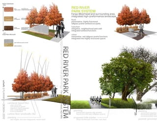 historic downtown
      urban


                                         brick	           red/purple hues                                                                                  RED RIVER
                                                                                                                                                           PARK SYSTEM
                                         maple varieties	 orange/red/purple fall hues



                                                                                                                                                           Fargo-Moorhead and surrounding area,
                                                                                                                                                           integrated high-preformance landscape
                                         wood	red/orange/yellow
                                         red dogwood	 red/orange
                                                                                                                                                           Rural
                                                                                                                                                           preventative_highly functional
                                                                                                                                                           tallgrass prairie wetland eco-parks
                                         corten	purple/red/orange                                                                                          Suburban
                                         big bluestem	 red/orange fall
                                         	             purple late summer                                                                                  mitigative_neighborhood park with
                                                                                                                                                           integrated wetland functions
         rural
  Great Plains Microsoft                                                                                                                                   Urban
                                                                                                                                                           interpretive_wet tallgrass prairie functions




                                                                                        7 >regional environmental planning// Fargo-Moorhead, ND-MN
                                                                                                                                                           integrated into highly structured spaces
                                         rebar reinforced scored concrete


                                         yellow sandstone




                                                                                                                 RED RIVER PARK SYSTEM
vchefti | PLANNING + DESIGN 2012




                                   cantilever bench (4c)
                                     cast concrete
                                     2x4 treated wood
                                     stainless steel support
                                     LED underlighting                                                                                                       planting                                          planting
                                                                                                                                                     100




                                     rock underbed
                                                                                                                                                                preserved riparian old growth                    preserved riparian o




                                                                                                                                                                                                          25
                                   carbon fiber windstalks (4a)                                                                                                 reconstructed wet tallgrass prairie              reconstructed wet t
                                                                                                                                                                                                                 reconstructed river
                                   planting                                                                                                                  engraved mile marker
                                     red maple, red oser dogwood, mulch bed                                                                                     rebar reinforced concrete, rock bed            geoweb groomed
 