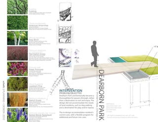Existing
                                   Existing
                                   variety deciduous trees near full growth
                                   some newly planted maples




                                   Thuja occidentalis
                                   American Arborvitae
                                   dense evergreen
                                   May be pruned into screen/hedge
                                   Moist soil, pH tolerant//pt shade-full sun




                                   Betula populifolia
                                   Grey Birch
                                   small to medium deciduous tree
                                   20-40’ tall, 10-20’ spread
                                   Soil and pH tolerant//pt shade-full sun
                                   Yellow autumn foliage



                                   Panicum virgatum
                                   sp. rotstrahlbusch
                                   Red Switch Grass
                                   deep-rooted perennial grass
                                   2.5-3.5’ tall, 2-2.5’ spread
                                   Average soils, pH tolerant//pt shade-full sun
                                   Red to purple fall color remains through winter
                                   Attractive to bees, butterflies, and birds




                                                                                                                                  1 >site design/detail// Printer’s Row, Chicago, IL
                                   Primula vialii
                                   Poker Primrose




                                                                                                                                                        DEARBORN PARK
                                   ornamental perennial
                                   1-1.5’ tall, 6”-1’ spread
                                   Moist soil, pH tolerant//pt shade-full sun
                                   Early-Mid Summer bloom
                                   Fragrant flowers
vchefti | PLANNING + DESIGN 2012




                                   Pinus bugeana
                                   Lacebark Pine
                                   small to large evergreen tree
                                   30-50’ tall, 20-25’ spread
                                   Well-drained soils//pt to full sun
                                   Ornamental peeling bark                           INTERVENTION
                                                                                     PROBLEM/OBJECTIVE
                                                                                     Dearborn Park unintentionally became a
                                   Panicum virgatum                                  thoroughfare for passers-through, rather
                                   Switch Grass                                      than a destination to visit and enjoy. The
                                   deep-rooted perennial grass
                                   3-6’ tall, 2-3’ spread                            design did not accommodate the needs                                                              MATERIALS :
                                   Medium to wet soils//pt shade-full sun
                                   Yellow fall color                                 of local residents, such as dog walking                                                           galvanized steel t-rail
                                   Wind erosion barrier, CO2 biosequestration
                                                                                     and a destination for play and/or repose.                                                         galvanized steel sheet
                                                                                                                                                                                       concrete base
                                                                                                                                                                                       #3 rebar
                                   Veronica spicata ssp. incana                      The re-design accommodates resident’s
                                   Spiked Wooly Speedwall                            current uses, with a flexible program for                                                         . LED lights embedded into vert. of T-rails
                                   ornamental evergreen perennial
                                   1-1.5’ tall, 1-2.5’ spread                        additional and future civic uses.                                                                 . Suction and pump located at either terminus
                                   Average soil, pH tolerant//pt shade-full sun
                                   Mid Summer bloom
                                   Silver winter foliage
 