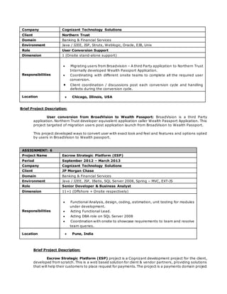 Company Cognizant Technology Solutions
Client Northern Trust
Domain Banking & Financial Services
Environment Java / J2EE, JSP, Struts, Weblogic, Oracle, EJB, Unix
Role User Conversion Support
Dimension 1 (Onsite stand-alone support)
Responsibilities
 Migrating users from Broadvision – A third Party application to Northern Trust
Internally developed Wealth Passport Application.
 Coordinating with different onsite teams to complete all the required user
conversion.
 Client coordination / discussions post each conversion cycle and handling
defects during the conversion cycle.
Location  Chicago, Illinois, USA
Brief Project Description:
User conversion from BroadVision to Wealth Passport: BroadVision is a third Party
application. Northern Trust developer equivalent application caller Wealth Passport Application. This
project targeted of migration users post application launch from BroadVision to Wealth Passport.
This project developed ways to convert user with exact look and feel and features and options opted
by users in BroadVision to Wealth passport.
ASSIGNMENT: 6
Project Name Escrow Strategic Platform (ESP)
Period September 2012 – March 2013
Company Cognizant Technology Solutions
Client JP Morgan Chase
Domain Banking & Financial Services
Environment Java / J2EE, JSF, IBatis, SQL Server 2008, Spring – MVC, EXT-JS
Role Senior Developer & Business Analyst
Dimension 11+1 (Offshore + Onsite respectively)
Responsibilities
 Functional Analysis, design, coding, estimation, unit testing for modules
under development.
 Acting Functional Lead.
 Acting DBA role on SQL Server 2008
 Coordination with onsite to showcase requirements to team and resolve
team queries.
Location  Pune, India
Brief Project Description:
Escrow Strategic Platform (ESP) project is a Cognizant development project for the client,
developed from scratch. This is a web based solution for client & vendor partners, providing solutions
that will help their customers to place request for payments. The project is a payments domain project
 