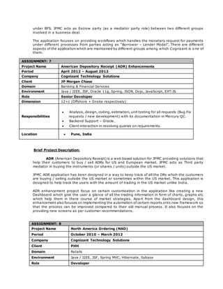 under BFS. JPMC acts as Escrow party (as a mediator party role) between two different groups
involved in a business deal.
The application focuses on providing workflows which handles the monetary request for payments
under different processes from parties acting as “Borrower – Lender Model”. There are different
aspects of the application which are maintained by different groups among which Cognizant is o ne of
them.
ASSIGNMENT: 7
Project Name American Depository Receipt (ADR) Enhancements
Period April 2012 – August 2012
Company Cognizant Technology Solutions
Client JP Morgan Chase
Domain Banking & Financial Services
Environment Java / J2EE, JSP, Oracle 11g, Spring, JSON, Dojo, JavaScript, EXT-JS
Role Senior Developer
Dimension 12+1 (Offshore + Onsite respectively)
Responsibilities
 Analysis, design, coding, estimation, unit testing for all requests (Bug Fix
requests / new development) with its documentation in Mercury QC.
 Backend Support – Oracle.
 Client interaction in resolving queries on requirements.
Location  Pune, India
Brief Project Description:
ADR (American Depository Receipt) is a web based solution for JPMC providing solutions that
help their customers to buy / sell ADRs for US and European market. JPMC acts as Third party
mediator in buying the instruments (or shares / units) outside the US market.
JPMC ADR application has been designed in a way to keep track of all the DRs which the customers
are buying / selling outside the US market or sometimes within the US market. This application is
designed to help track the users with the amount of trading in the US market unlike India.
ADR enhancement project focus on certain customization in the application like creating a new
Dashboard which give the user a glance of all the trading information in form of charts, graphs etc
which help them in there course of market strategies. Apart from the dashboard design, this
enhancement also focuses on implementing the automation of certain reports onto new framework so
that the process can be improved compared to their old manual process. It also focuses on the
providing new screens as per customer recommendations.
ASSIGNMENT: 8
Project Name North America Ordering (NAO)
Period October 2010 – March 2012
Company Cognizant Technology Solutions
Client PHH
Domain Retails
Environment Java / J2EE, JSF, Spring MVC, Hibernate, Sybase
Role Developer
 