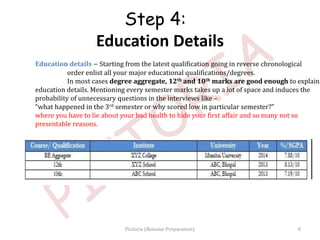 Education details – Starting from the latest qualification going in reverse chronological
order enlist all your major educational qualifications/degrees.
In most cases degree aggregate, 12th and 10th marks are good enough to explain
education details. Mentioning every semester marks takes up a lot of space and induces the
probability of unnecessary questions in the interviews like –
“what happened in the 3rd semester or why scored low in particular semester?”
where you have to lie about your bad health to hide your first affair and so many not so
presentable reasons.
8
Step 4:
Education Details
Pictoria (Resume Preparation)
 