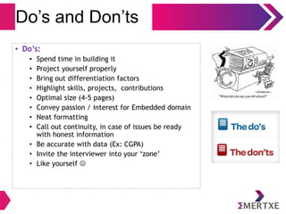 Do’s and Don’ts
• Do’s:
• Spend time in building it
• Project yourself properly
• Bring out differentiation factors
• Highlight skills, projects, contributions
• Optimal size (4-5 pages)
• Convey passion / interest for Embedded domain
• Neat formatting
• Call out continuity, in case of issues be ready
with honest information
• Be accurate with data (Ex: CGPA)
• Invite the interviewer into your ‘zone’
• Like yourself 
 