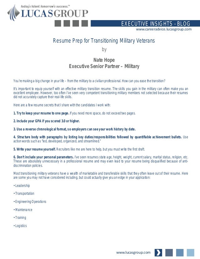 resume prep for transitioning military veterans