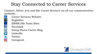 Stay Connected to Career Services
Connect, follow, join and like Career Services via all our communication
methods…
Career Services Website
EagleHire
ERNIE/My Team Sites
Facebook
Going Places Career Blog
LinkedIn
Twitter
Instagram
 