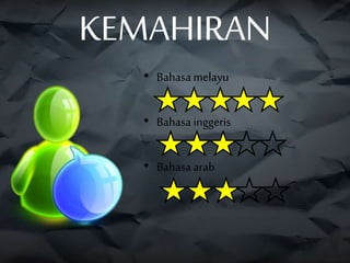 KEMAHIRAN
• Bahasa melayu
• Bahasa inggeris
• Bahasa arab
 