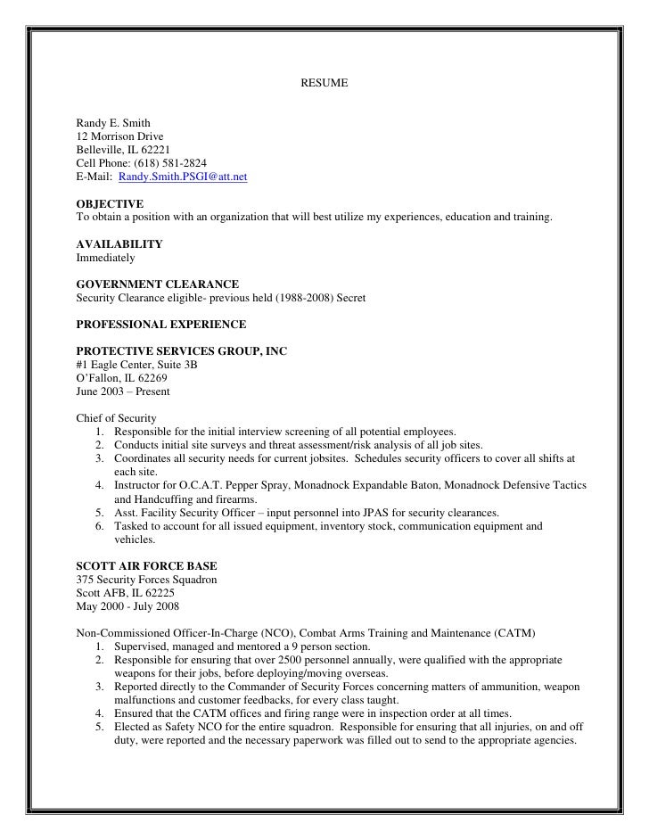 chief of security s resume air force security forces resume