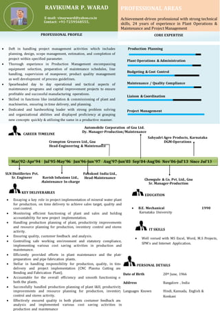 RAVIKUMAR P. WARAD
E-mail: vinayward@yahoo.co.in
Contact: +91-7259568555,
PROFESSIONAL AREAS
Achievement-driven professional with strong technical
skills, 24 years of experience in Plant Operations &
Maintenance and Project Management
ure
 Deft in handling project management activities which includes
planning, design, scope management, estimation, and completion of
project within specified parameter.
 Thorough experience in Production Management encompassing
equipment selection, preparation of maintenance schedules, line
handling, supervision of manpower, product quality management
as well development of process guidelines.
 Spearheaded day to day operational and tactical aspects of
maintenance programs and capital improvement projects to ensure
profitable and successful manufacturing operations.
 Skilled in functions like installation & commissioning of plant and
machineries, ensuring in time delivery, and planning.
 Dedicated and hardworking leader with strong problem solving
and organizational abilities and displayed proficiency at grasping
new concepts quickly & utilizing the same in a productive manner.
PROFESSIONAL PROFILE CORE EXPERTISE
Production Planning
Plant Operations & Administration
Budgeting & Cost Control
Maintenance / Quality Compliance
Liaison & Coordination
Project Management
CAREER TIMELINE
Mar’92-Apr’94 Jul’95-May’96 Jun’96-Jun’97 Aug’97-Jun’03 Sep’04-Aug’06 Nov’06-Jul’13 Since Jul’13
Sahyadri Agro Products, Karnataka
DGM-Operations
KEY DELIVERABLES
 Essaying a key role in project implementation of mineral water plant
for production, on time delivery to achieve sales target, quality and
cost control.
 Monitoring efficient functioning of plant and sales and holding
accountability for new project implementation.
 Handling production planning of plant, productivity improvements
and resource planning for production, inventory control and stores
activity.
 Ensuring quality, customer feedback and analysis.
 Controlling safe working environment and statutory compliance,
implementing various cost saving activities in production and
maintenance.
 Efficiently provided efforts in plant maintenance and the plate
preparation and pipe fabrication plants.
 Stellar in handling responsibility for production, quality, in time
delivery and project implementation (CNC Plasma Cutting and
Bending and Fabrication Plant).
 Accountable for the overall efficiency and smooth functioning of
both the plants.
 Successfully handled production planning of plant I&II, productivity
improvements and resource planning for production, inventory
control and stores activity.
 Effectively ensured quality in both plants costumer feedback and
analysis and implemented various cost saving activities in
production and maintenance
 B.E. Mechanical 1990
Karnataka University
EDUCATION
IT SKILLS
 Well versed with MS Excel, Word, M.S Projects,
SPM’s and Internet Application.
PERSONAL DETAILS
Date of Birth 20th June, 1966
Address Bangalore , India
Languages Known Hindi, Kannada, English &
Konkani
Funskool India Ltd.,
Head-Maintenance
Crompton Greaves Ltd., Goa
Head-Engineering & Maintenance
Chowgule & Co. Pvt. Ltd., Goa
Sr. Manager-Production
Automobile Corporation of Goa Ltd.
Dy. Manager-Production/Maintenance
Ravish Infusions Ltd.,
Maintenance In-charge
SLN Distilleries Pvt.
Sr. Engineer
 