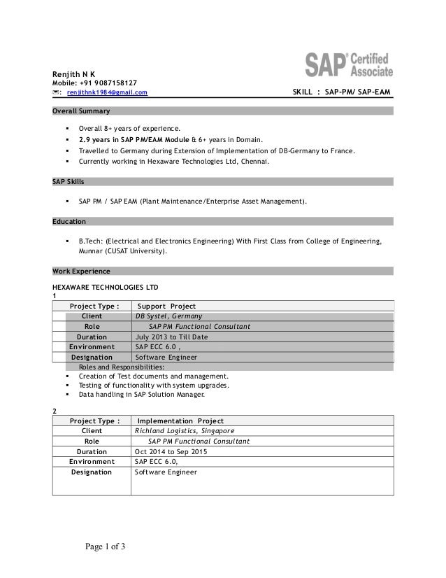 resume renjith sap pm
