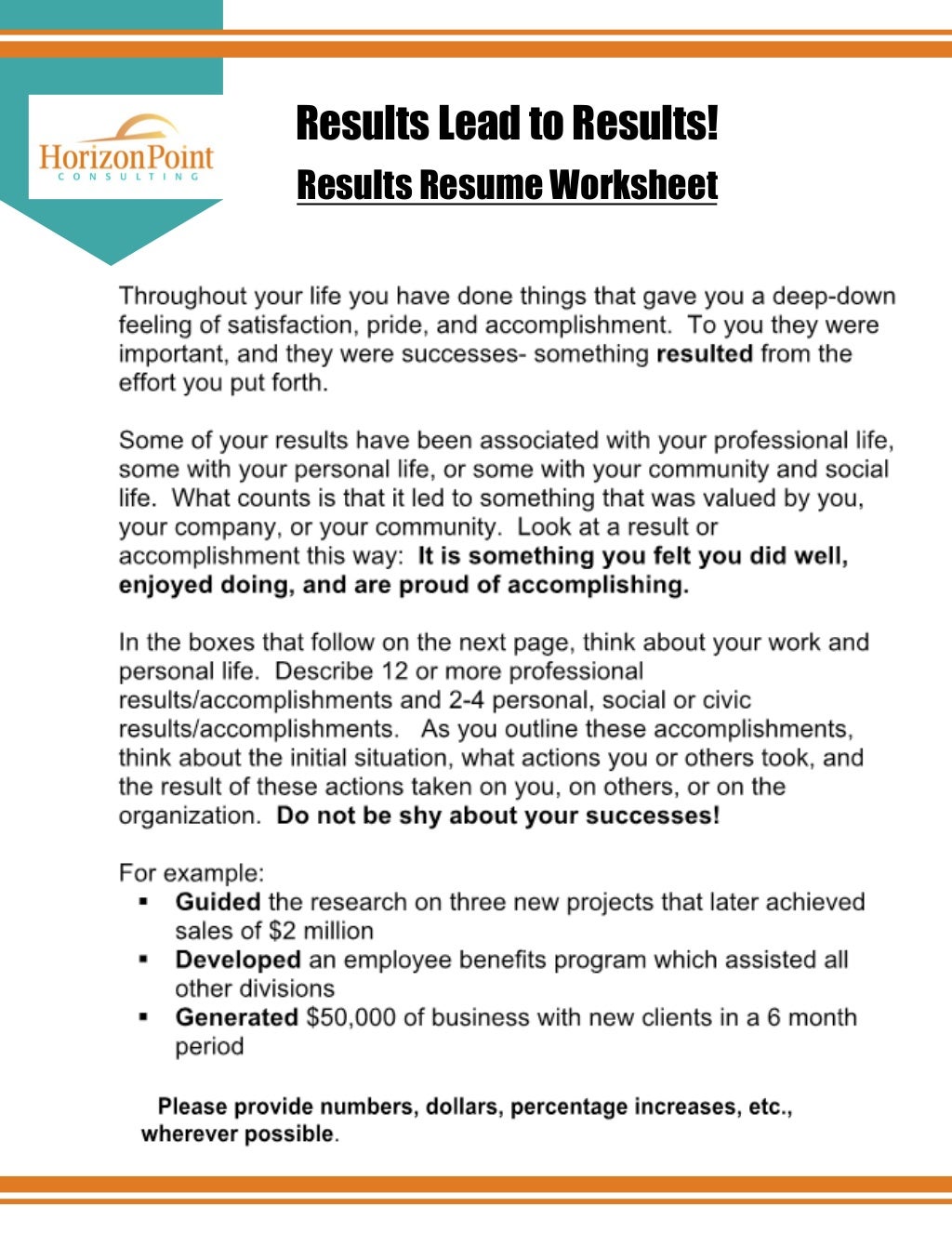 Resume results worksheet