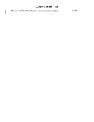 CAMPUS ACTIVITIES
Member, Society for Human Resource Management, student chapter Fall 2014
 