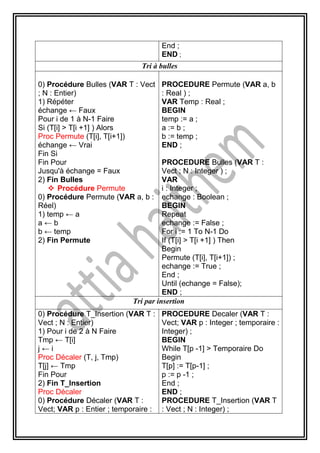 End ;
END ;
Tri à bulles
0) Procédure Bulles (VAR T : Vect
; N : Entier)
1) Répéter
échange ← Faux
Pour i de 1 à N-1 Faire
Si (T[i] > T[i +1] ) Alors
Proc Permute (T[i], T[i+1])
échange ← Vrai
Fin Si
Fin Pour
Jusqu'à échange = Faux
2) Fin Bulles
 Procédure Permute
0) Procédure Permute (VAR a, b :
Réel)
1) temp ← a
a ← b
b ← temp
2) Fin Permute
PROCEDURE Permute (VAR a, b
: Real ) ;
VAR Temp : Real ;
BEGIN
temp := a ;
a := b ;
b := temp ;
END ;
PROCEDURE Bulles (VAR T :
Vect ; N : Integer ) ;
VAR
i : Integer ;
echange : Boolean ;
BEGIN
Repeat
echange := False ;
For i := 1 To N-1 Do
If (T[i] > T[i +1] ) Then
Begin
Permute (T[i], T[i+1]) ;
echange := True ;
End ;
Until (echange = False);
END ;
Tri par insertion
0) Procédure T_Insertion (VAR T :
Vect ; N : Entier)
1) Pour i de 2 à N Faire
Tmp ← T[i]
j ← i
Proc Décaler (T, j, Tmp)
T[j] ← Tmp
Fin Pour
2) Fin T_Insertion
Proc Décaler
0) Procédure Décaler (VAR T :
Vect; VAR p : Entier ; temporaire :
PROCEDURE Decaler (VAR T :
Vect; VAR p : Integer ; temporaire :
Integer) ;
BEGIN
While T[p -1] > Temporaire Do
Begin
T[p] := T[p-1] ;
p := p -1 ;
End ;
END ;
PROCEDURE T_Insertion (VAR T
: Vect ; N : Integer) ;
 
