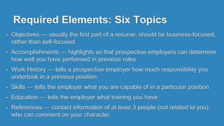 Required Elements: Six Topics
• Objectives — usually the first part of a resume; should be business-focused,
rather than self-focused
• Accomplishments — highlights so that prospective employers can determine
how well you have performed in previous roles
• Work History — tells a prospective employer how much responsibility you
undertook in a previous position
• Skills — tells the employer what you are capable of in a particular position
• Education — tells the employer what training you have
• References — contact information of at least 3 people (not related to you)
who can comment on your character.
 