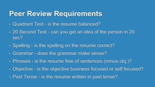 Peer Review Requirements
• Quadrant Test - is the resume balanced?
• 20 Second Test - can you get an idea of the person in 20
sec?
• Spelling - is the spelling on the resume correct?
• Grammar - does the grammar make sense?
• Phrases - is the resume free of sentences (minus obj.)?
• Objective - is the objective business focused or self focused?
• Past Tense - is the resume written in past tense?
 